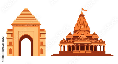 Illustration of traditional Indian temple and gateway with orange hues against a white background