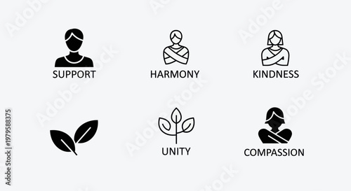 Abstract Icons Representing Support, Harmony, Kindness, Unity, and Compassion