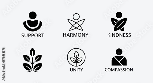 Abstract Icons Representing Support, Harmony, Kindness, Unity, Compassion
