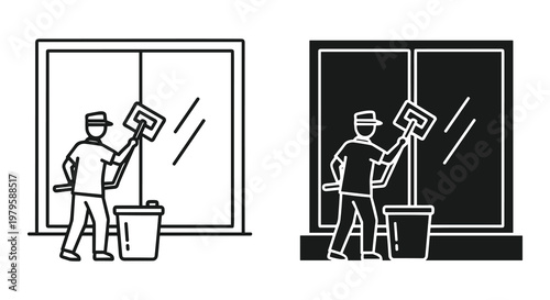 A minimalist black and white illustration of a window cleaner
