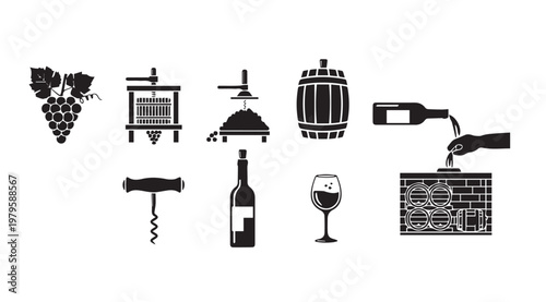 Wine Production Icons in a Row with Grapes and Corkscrew