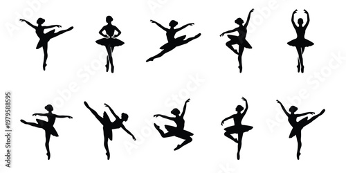 Graceful ballerina silhouettes set, 10 ballet dancer vector elements, black female dancer figures in elegant poses, classical dance performance icons