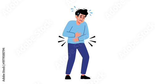 Illustration of a man clutching his stomach in pain on a white background.