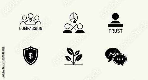 Business Icons: Compassion, Trust, Growth, Finance, Communication, Peace