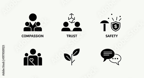 Business Icons: Compassion, Trust, Safety, Care, Growth, Communication