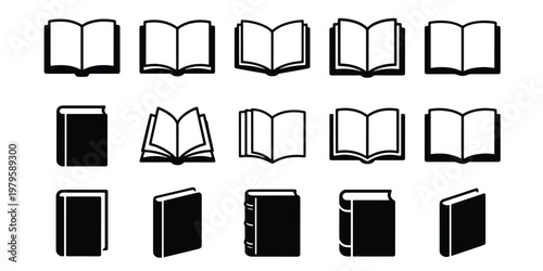 Minimalist book icon set, 15 black and white vector book symbols, open and closed textbook illustrations for education and library UI design