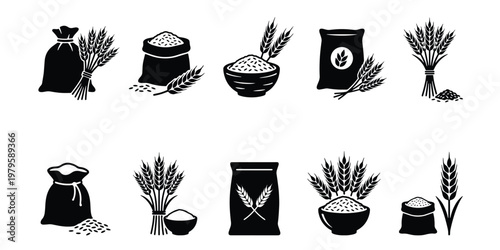 Wheat and grain icons set, black flour sack and cereal ear silhouettes, 10 organic agriculture vector elements for bakery and farm branding