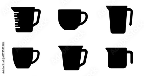 Measuring cup silhouette set, 6 kitchen pitcher icons, black cooking jug vector elements