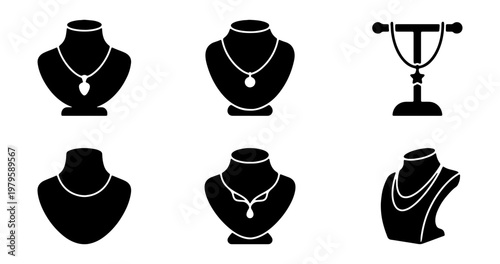 Jewelry display mannequin icons, necklace bust stand vector set, 6 black shop elements