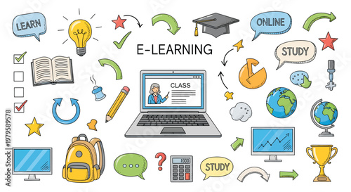 Elearning concept with laptop and various educational icons