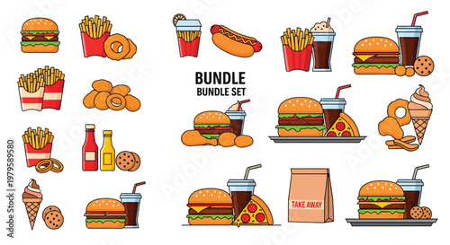 A colorful bundle set of various fast food items