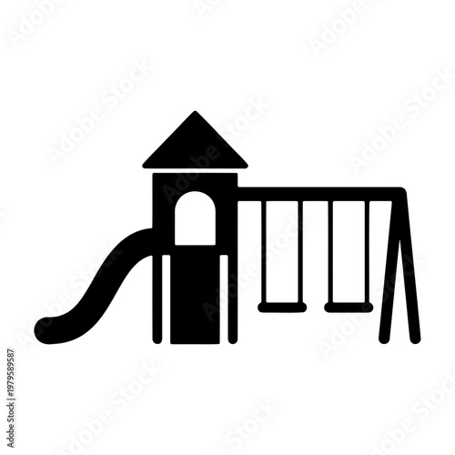 Playground equipment icon, black park slide and swings vector, outdoor recreation sign