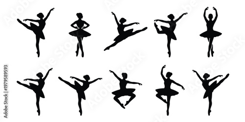 Ballerina silhouette collection with 10 dancer poses, graceful ballet dancer icons in black vector, elegant female performer silhouettes for theater posters