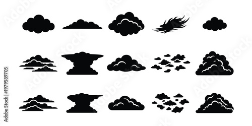 Black cloud silhouette icons set, minimalist weather symbols collection, 15 vector cloud shapes for sky and atmosphere design, flat nature elements