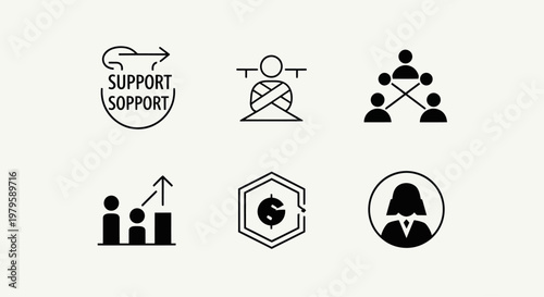 Business Icons Set: Support, Teamwork, Growth, Finance, Leadership
