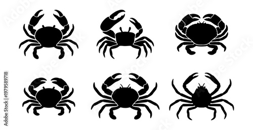 Black crab silhouette icons, set of 6 sea creature vectors, marine animal logo elements