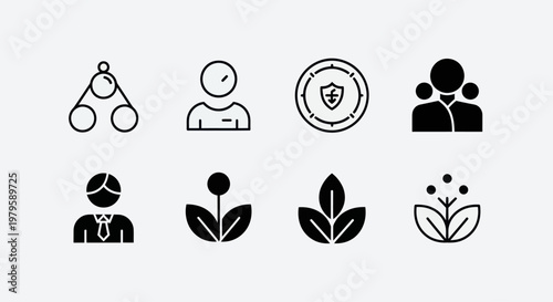 Business Icons Set: Team, Security, Growth, and Personal Development