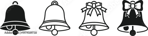 Christmas Bell Icon Set with Ribbon Bow and Outline Styles for Holiday Decoration Festive Design and Seasonal Greeting Graphics