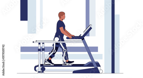 Innovative rehabilitation illustration of a person using a treadmill with robotic exoskeletons