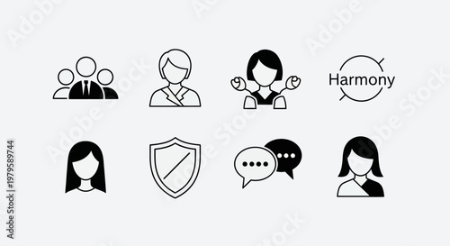 Business Icons Set: Teamwork, Communication, Security, Harmony, People