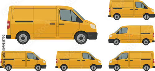Yellow delivery cargo van vector set for commercial transport logistics and shipping service isolated on white background illustration for business.