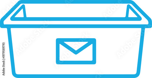 Open blue mail bin with envelope icon, simple line art design