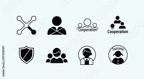 Business Icons Set: Teamwork, Cooperation, Success, Security, Network