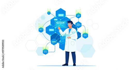 Innovative scientist explores futuristic medical data visualization interface system