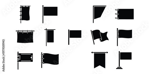 Black flag silhouette icons set, 13 vector banner elements on poles, minimalist pennant and waving flag symbols for map markers and UI design