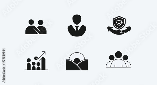 Business Icons Set: Teamwork, Management, Security, Growth, Landscape, Community