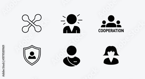 Business Icons Set: Teamwork, Security, Cooperation, Individuality, Innovation
