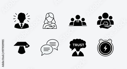 Business Icons Set: Teamwork, Trust, Communication, Leadership, Ideas
