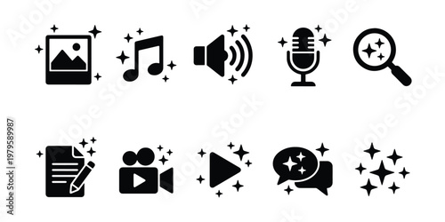 AI content generation icons, set of 10 magic sparkle media symbols, black solid vector icons for artificial intelligence creation and digital editing