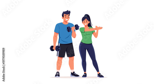 Illustration of a man and woman in casual wear standing and gesturing in a white background