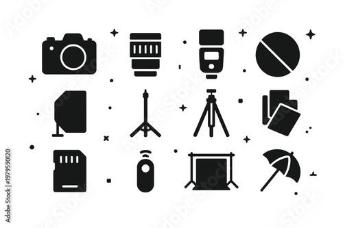 Cosplay Photography Tools. Cosplay photography. Solid icons set of Cosplay photography: DSLR camera, prime lens, external flash, reflector, softbox, light