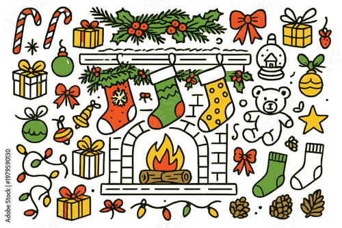 Festive Fireplace Decor. Festive stockings. Hand-drawn doodle illustration Christmas stockings (colored), fireplace (colored), mantel (colored), candy canes