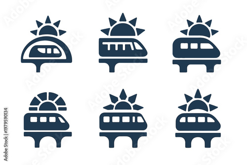 Solar Transport Logos. Solar-powered city transport vehicles. Icon set. Set Logo of Solar-powered city transport vehicles: elevated monorail with solar canopy.