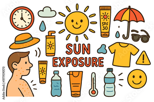 Sun Safety Doodles. Sun Exposure. Colorful Hand-drawn doodle Children illustration Sun Exposure bright sun, skin, clock, sunscreen, umbrella, sunglasses, hat,
