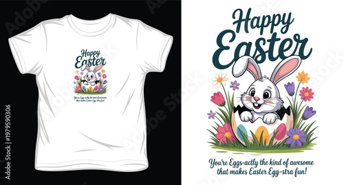 Happy easter bunny in eggshell with spring flowers vector design for white t-shirt.