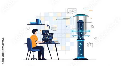 Innovative technology development and human interaction in digital environment illustration