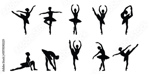 Ballerina silhouette vector set, 10 ballet dancer poses in black isolated on white, elegant female dancers performing classical dance movements