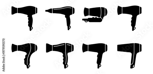 Hair dryer silhouette icons, professional salon blow dryer set, 8 barber shop vectors