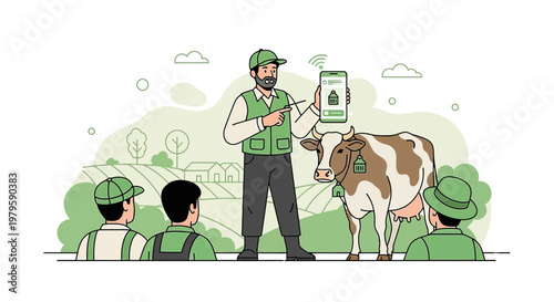 Innovative technology in smart farming, farmer presenting cow monitoring application for other