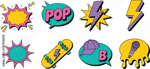 Retro pop art comic style sticker set with lightning bolts skateboard microphone and speech bubbles vector illustration for street fashion.