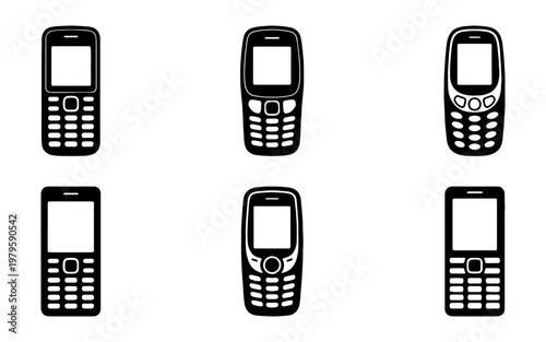 Vintage mobile phone icons set, 6 retro cellular telephone vectors, old keypad phones