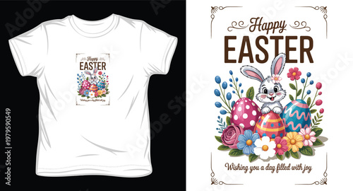 Happy easter vintage style rabbit illustration for apparel with blooming flowers and decorative eggs.