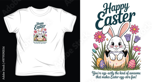 Funny easter bunny popping out of egg tshirt design with humorous pun typography.
