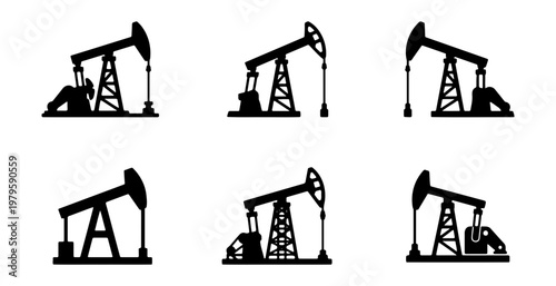 Industrial oil pump jack silhouettes, 6 petroleum drilling rig icons, energy vector set