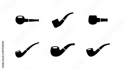 Vintage smoking pipe icons, set of 6 tobacco pipe silhouettes, classic wooden pipe vector