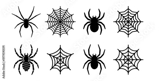 Spooky spider silhouette icons, black cobweb vector set, 8 Halloween graphic elements